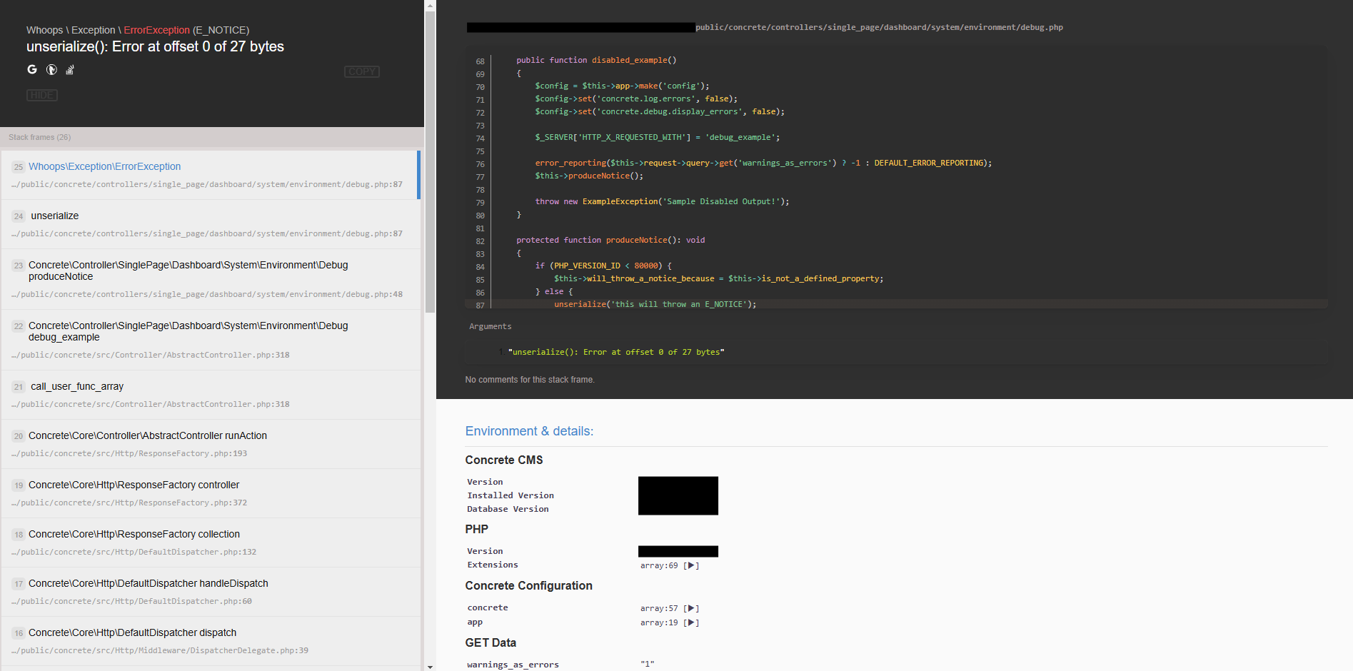 CMS PHP error example